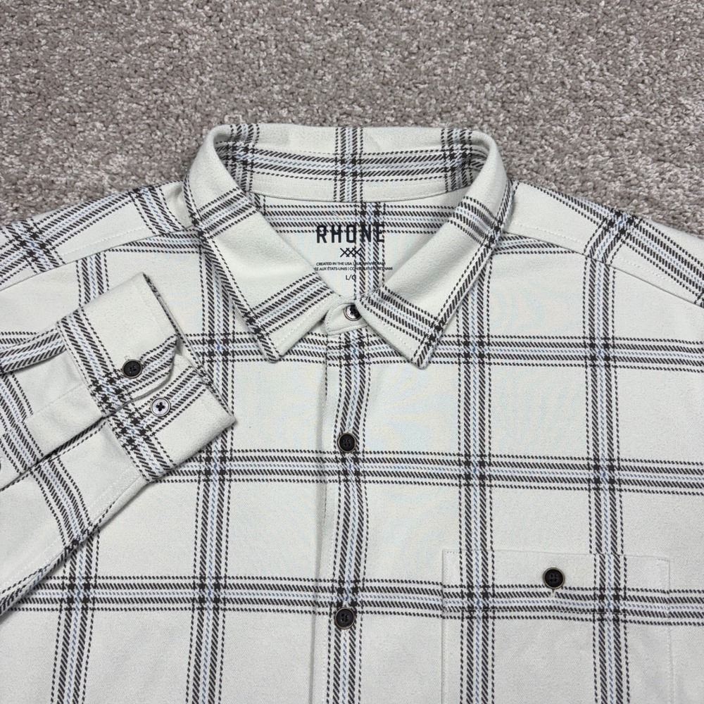 Rhone Hardy Flannel Shirt Mens Large Cream Brown Blue Plaid Performance Stretch